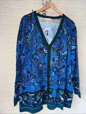 Isaac Mizrahi Live Green Trimmed Blue Medallion Knit cardigan 3x new